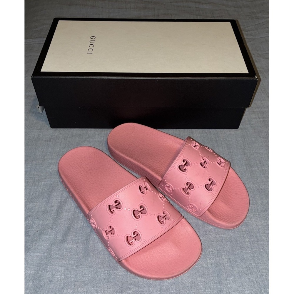 Gucci GG Slide Women's 5 Rose Box Pink Rubber Perforated Sandals Italy 35